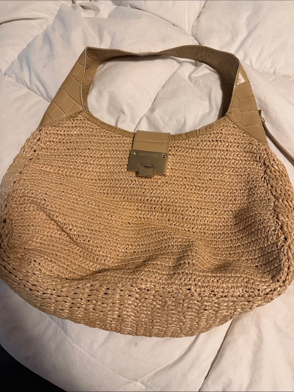 Jimmy Choo Tan Woven Shoulder Bag with Croc-Texture Trim